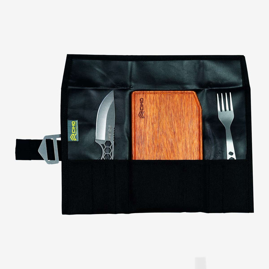 Conjunto Cimo Travel com Faca Point, Garfo, Tábua de Corte e Bag de Transporte Preta - IC181P