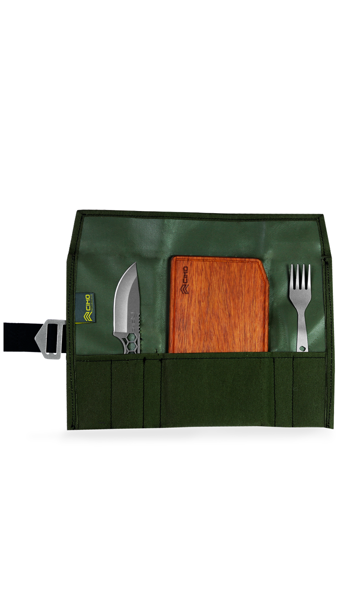 Conjunto Cimo Travel com Faca Point, Garfo, Tábua de Corte e Bag de Transporte Preta - IC181P