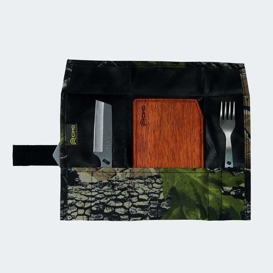 Conjunto Cimo Travel com Faca Cleaver, Garfo, Tábua de Corte e Bag de Transporte Camuflada - IC282