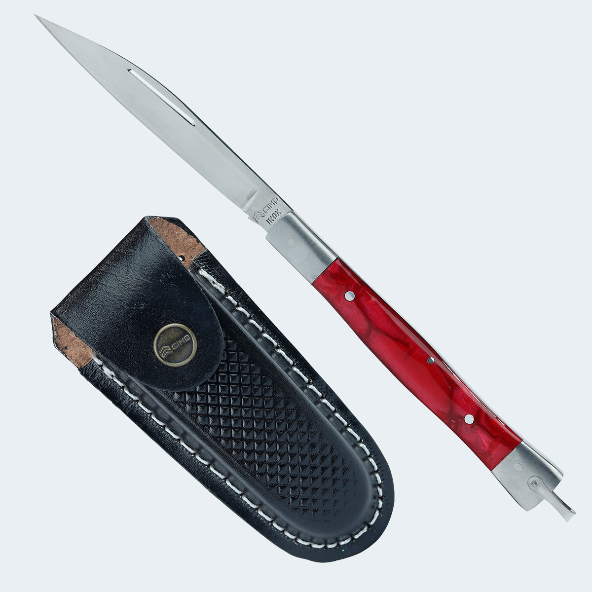 Canivete Cimo Inox Cabo Inox E Acrilico Vermelho Com Bainha - 330/P I C/B